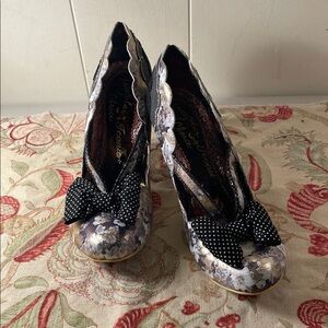 Irregular Choice Iconic Cream Black Floral Plaid Heels with Unique Design